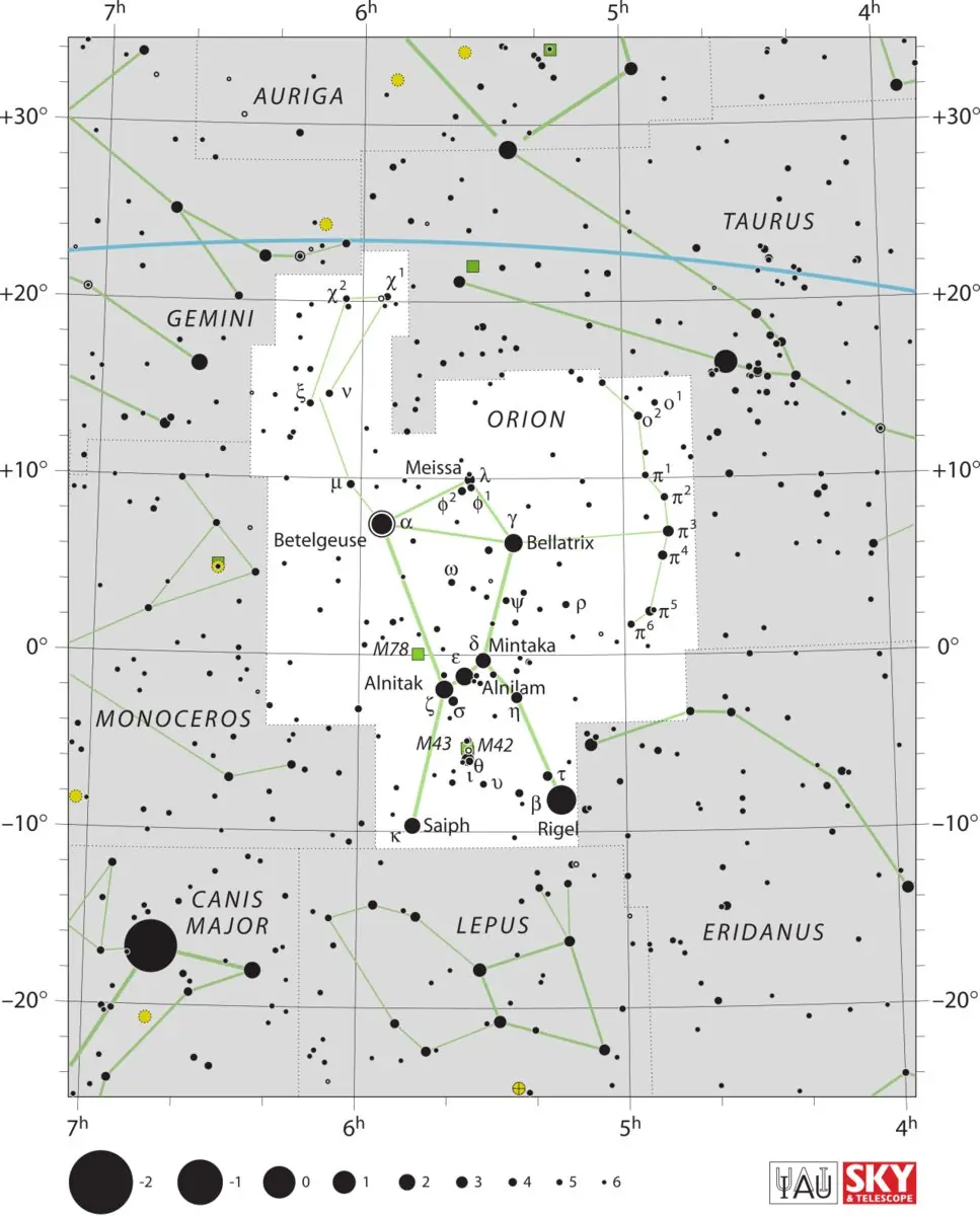 Official IAU chart of Orion with constellation boundaries and bright stars