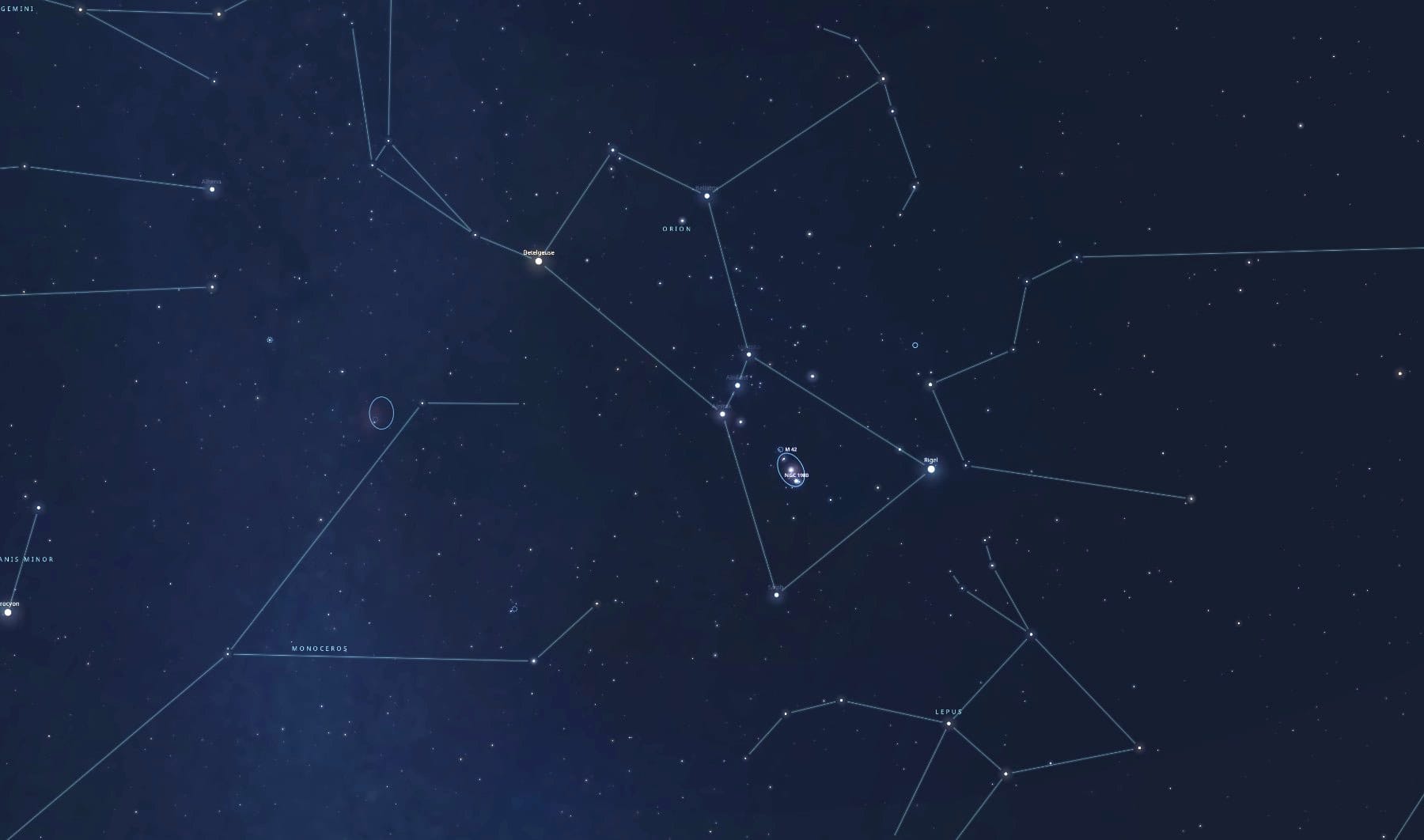 Stellarium finder chart for the Horsehead Nebula: Orion with Betelgeuse, Rigel, the Belt and M42 marked — the Horsehead sits just south of Alnitak, the Belt's eastern star