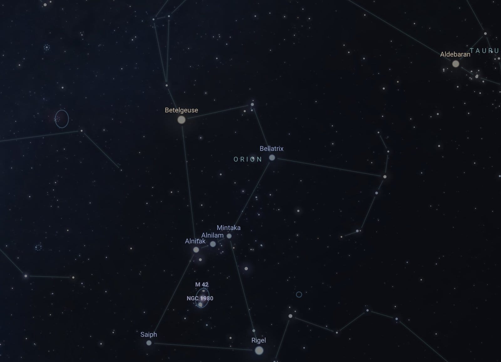 Stellarium star chart of the constellation Orion showing the Belt (Alnitak, Alnilam, Mintaka) and the Orion Nebula (M42) in the Sword below the Belt