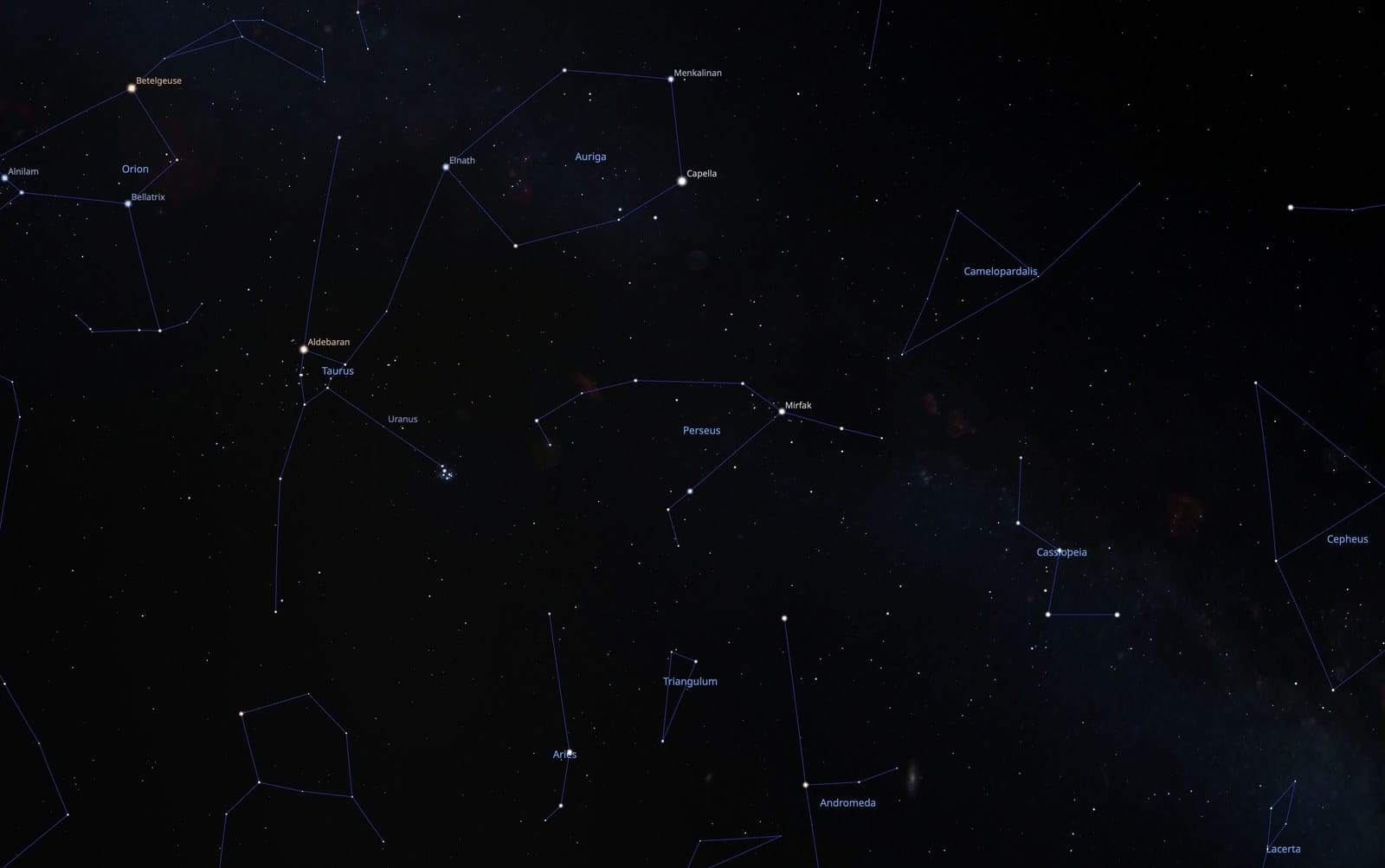 Stellarium finder chart showing the Perseus constellation between Cassiopeia, Auriga and Andromeda in the autumn sky