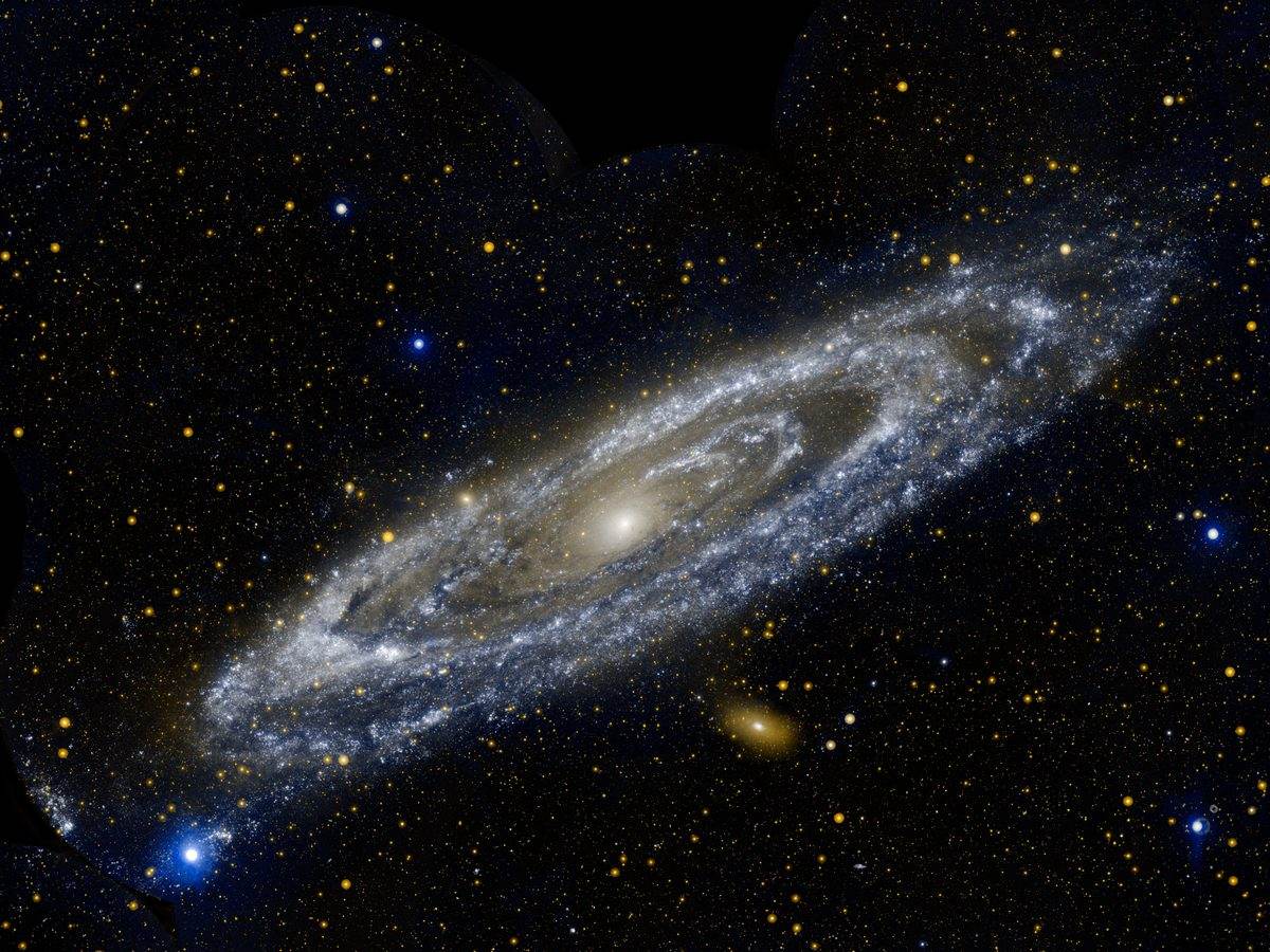 The Andromeda galaxy in ultraviolet, a rare blueshifted galaxy approaching the Milky Way