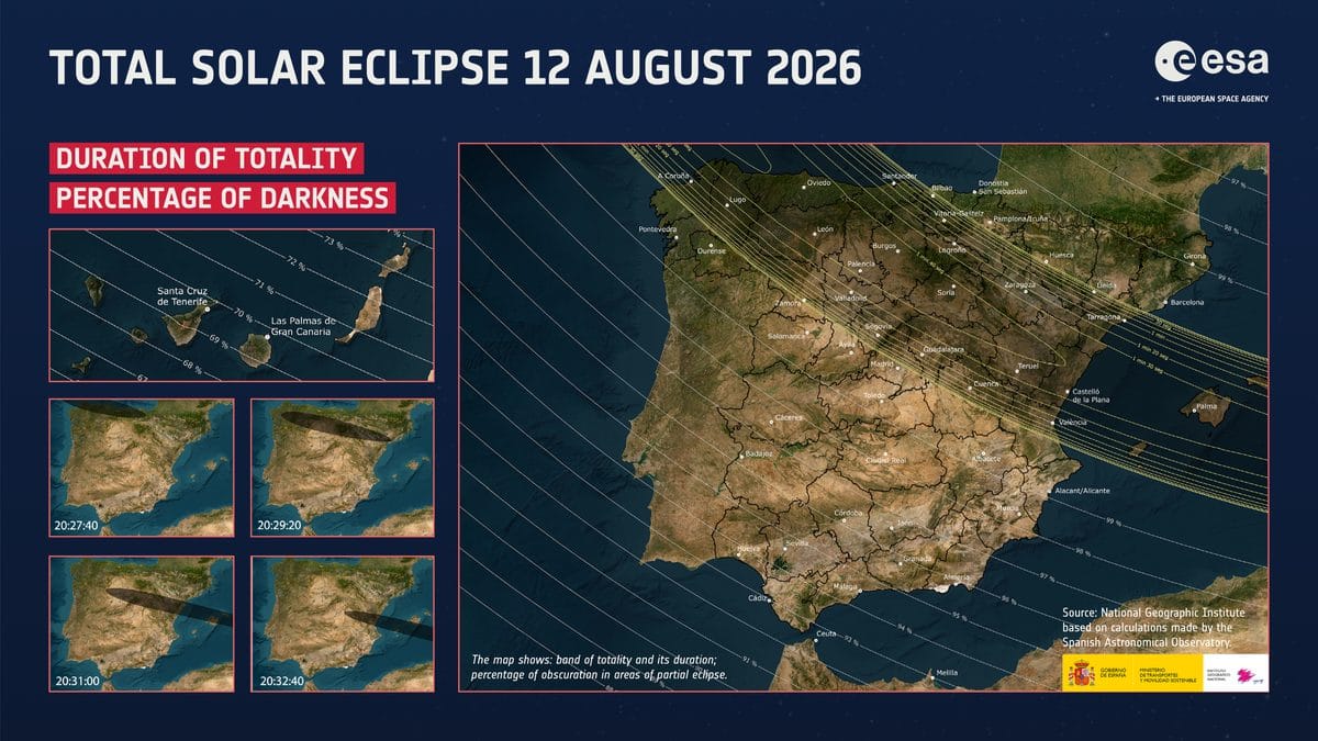 Map of the August 2026 eclipse path of totality across northern Spain and the Balearics