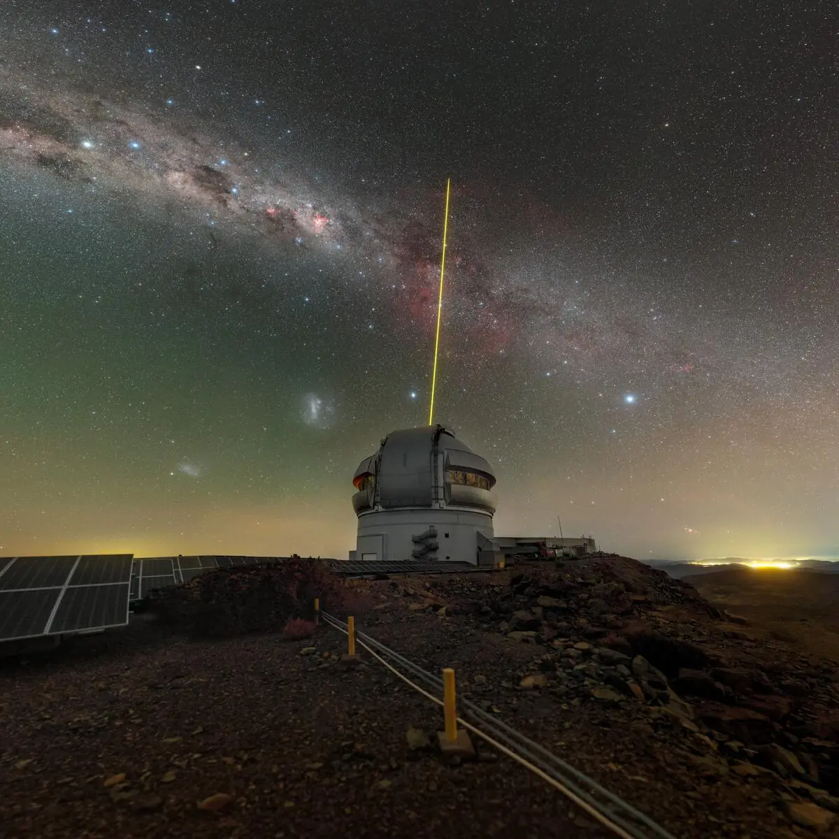 Annotated southern sky panorama above the Gemini Observatory in Chile
