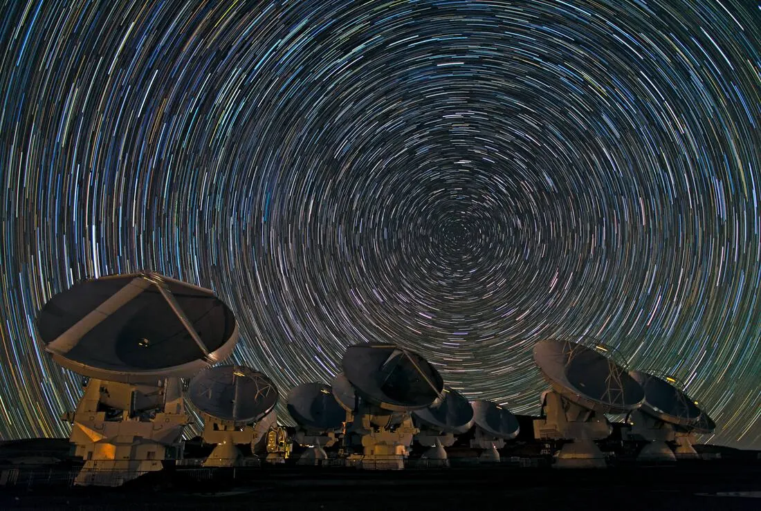 Southern Hemisphere star trails circling the south celestial pole over ALMA in Chile