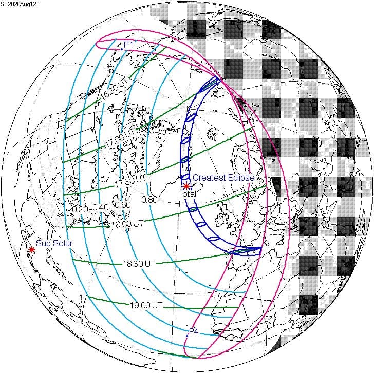 Path map of the total solar eclipse 2026 across Greenland, Iceland and Spain
