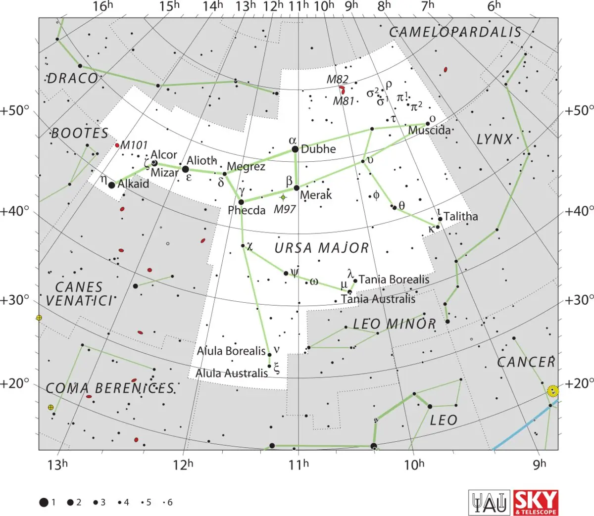 IAU chart of Ursa Major with the Big Dipper stars along the bear tail and hindquarters