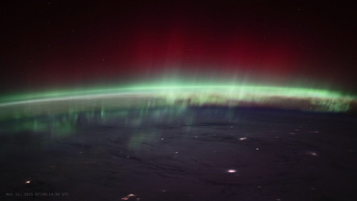 Red and green aurora from the November 2025 G5 geomagnetic storm seen from the ISS