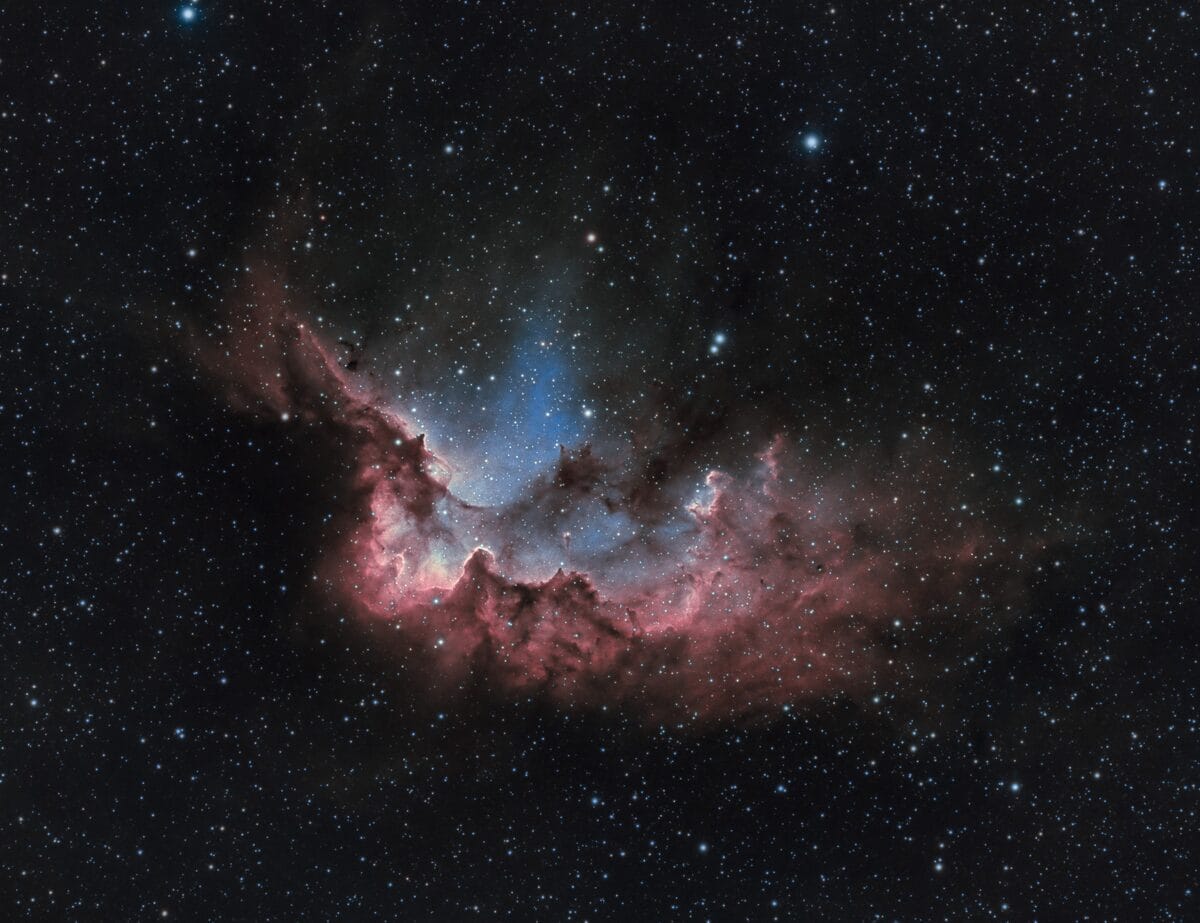 Amateur narrowband astrophoto of the Wizard Nebula taken with a small backyard telescope