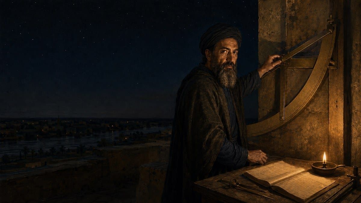 Painterly imagined portrait of al-Battani taking a star's meridian altitude at a brass mural quadrant on his Raqqa observatory roof