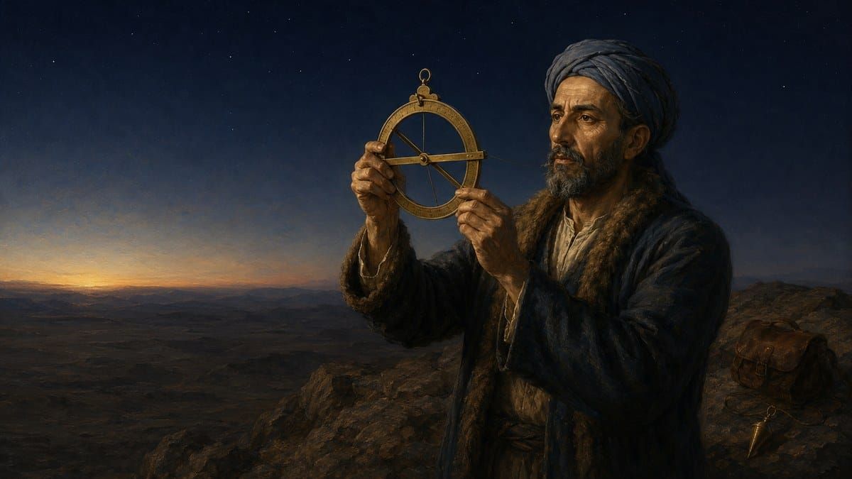 Painterly imagined portrait of al-Biruni sighting the dip of the horizon with a brass astrolabe from a hilltop at dawn