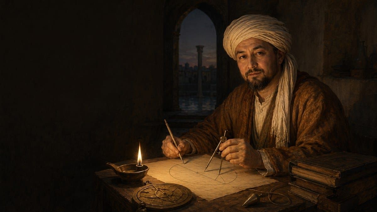 Painterly imagined portrait of al-Farghani drawing an Earth-circumference geometry diagram at a writing desk in Abbasid Baghdad