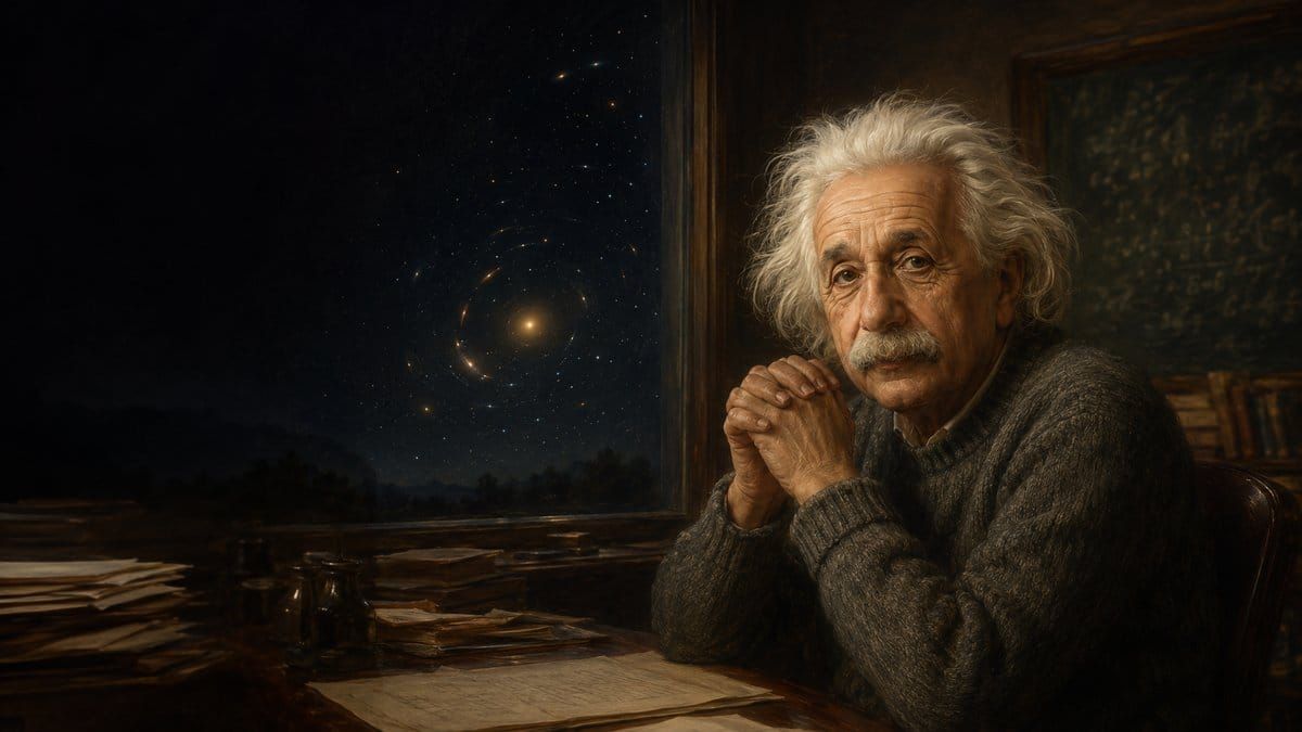 Painterly portrait of Albert Einstein at his desk with gravitational lensing in the night sky