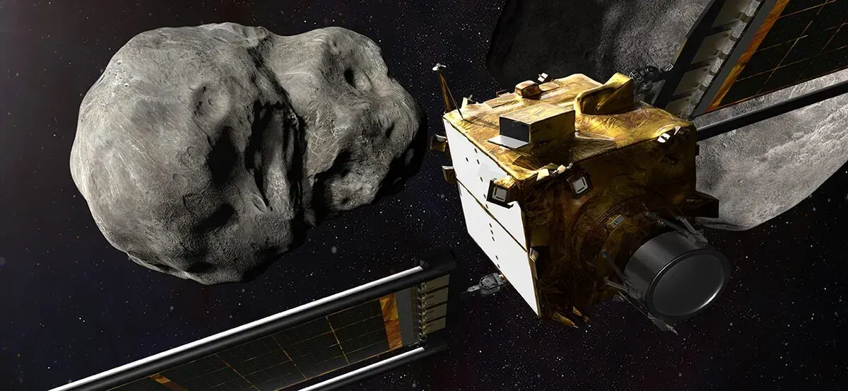 Illustration of NASA's DART planetary-defense mission approaching an asteroid