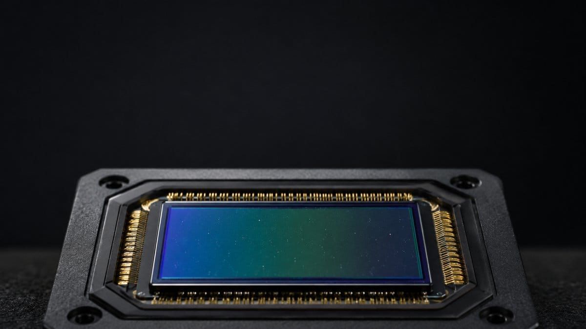 Macro view of a back illuminated sensor — the bare CMOS die of an astronomy camera with gold bond wires and a star field reflected in its cover glass