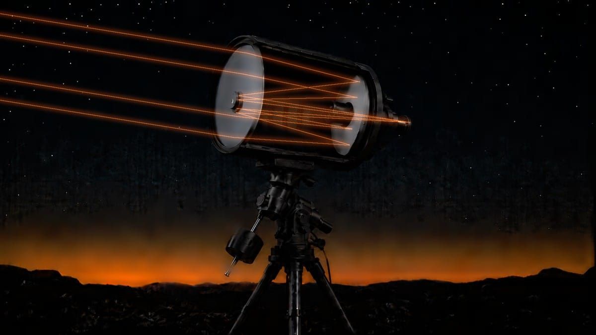 Cutaway of a catadioptric telescope at night, starlight folding three times inside the short tube — corrector plate to primary mirror, forward to the secondary, then out to the eyepiece