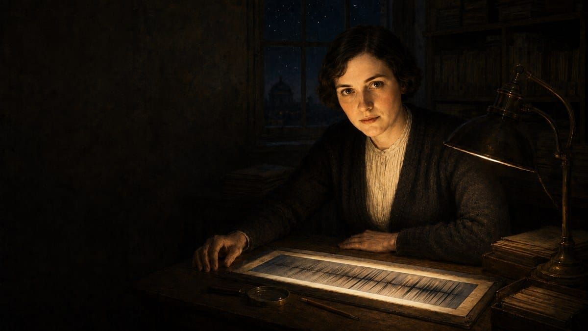 Painterly portrait of Cecilia Payne-Gaposchkin looking up from a stellar spectrum plate at the Harvard College Observatory plate room