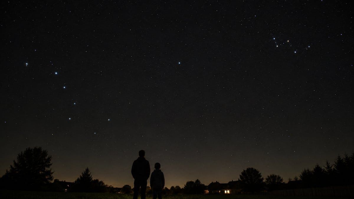 A simple constellations-for-kids star map showing the Big Dipper pointing to the North Star and Cassiopeia