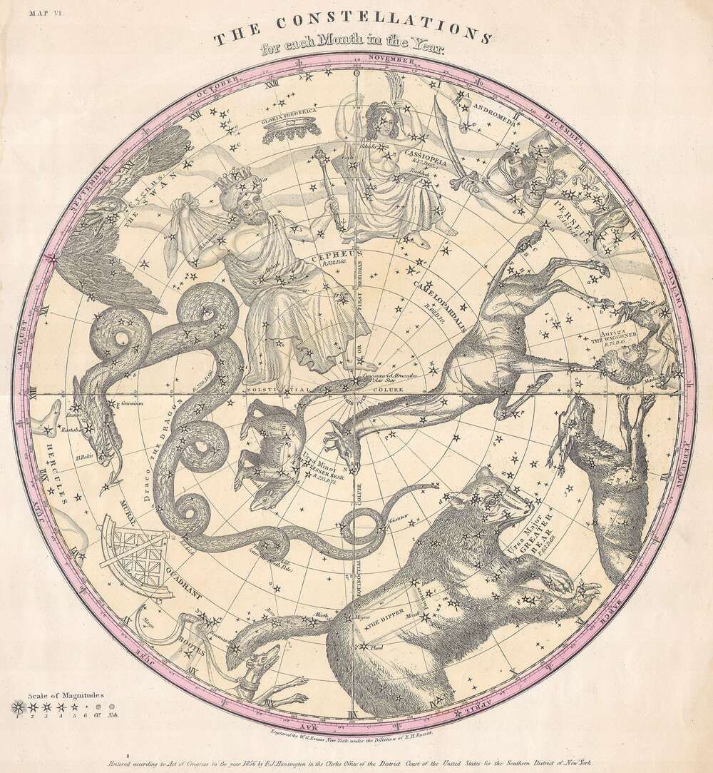 Classical 1856 celestial map showing the constellations of the northern hemisphere