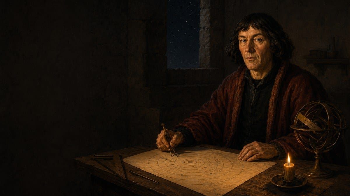 Painterly portrait of Nicolaus Copernicus drawing his heliocentric diagram by candlelight at Frombork