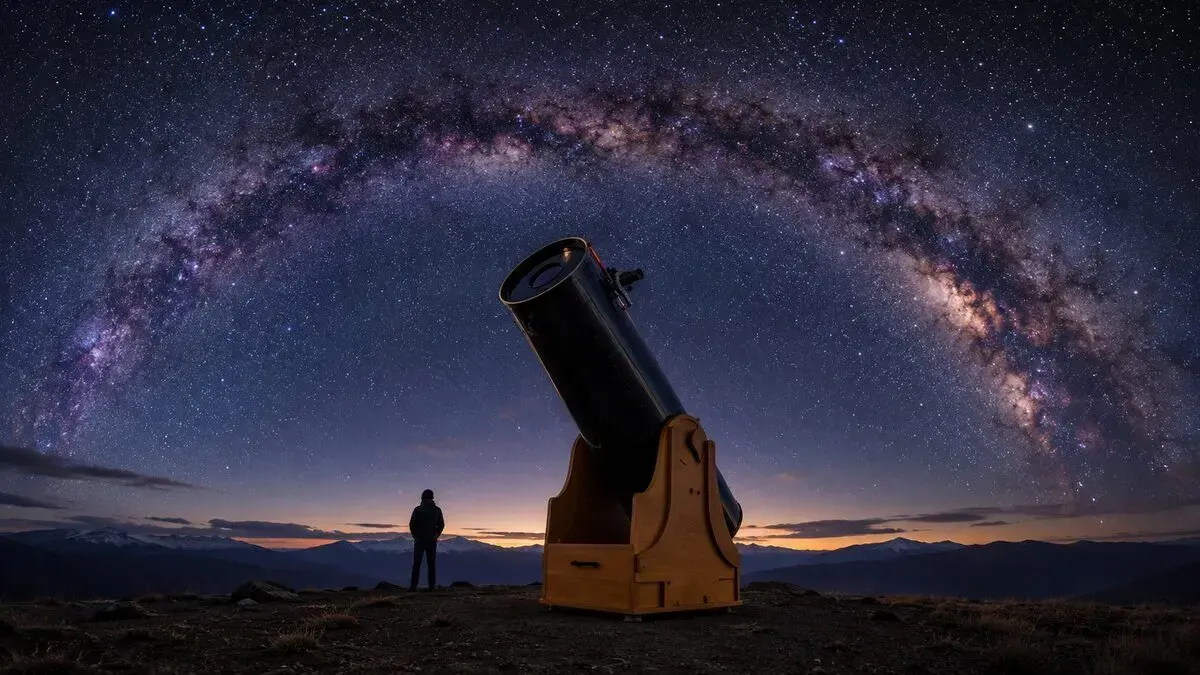 A large Dobsonian telescope on its rocker-box base on a dark hilltop under the stars