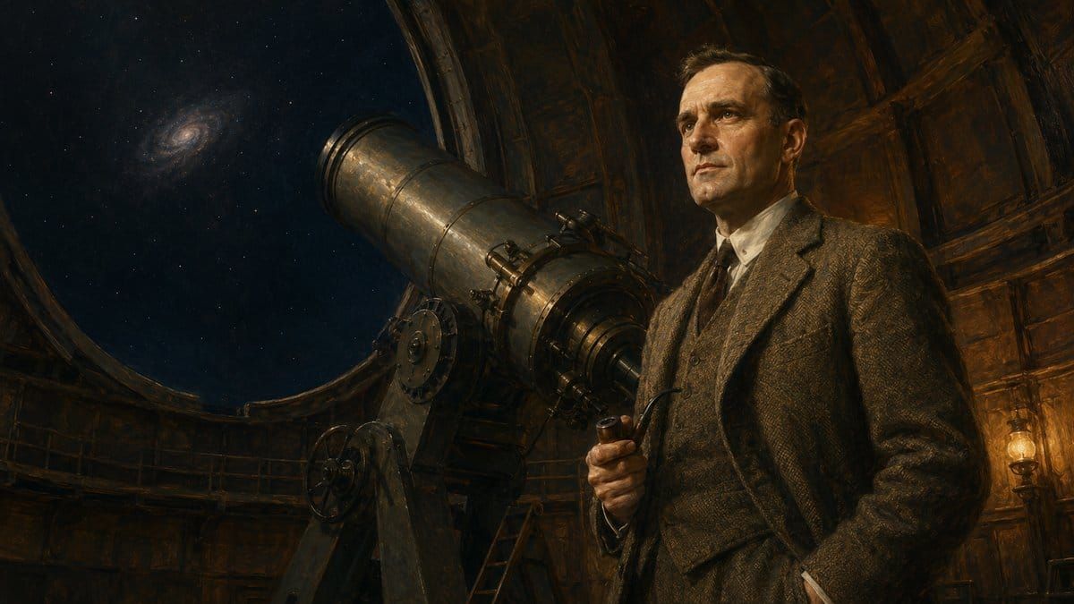 Painterly portrait of Edwin Hubble beside the 100-inch Hooker telescope at Mount Wilson