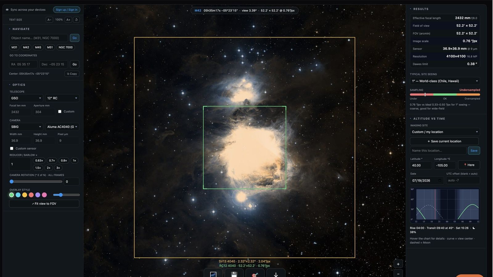 Telescope setup list syncing between a laptop and phone in the field of view simulator