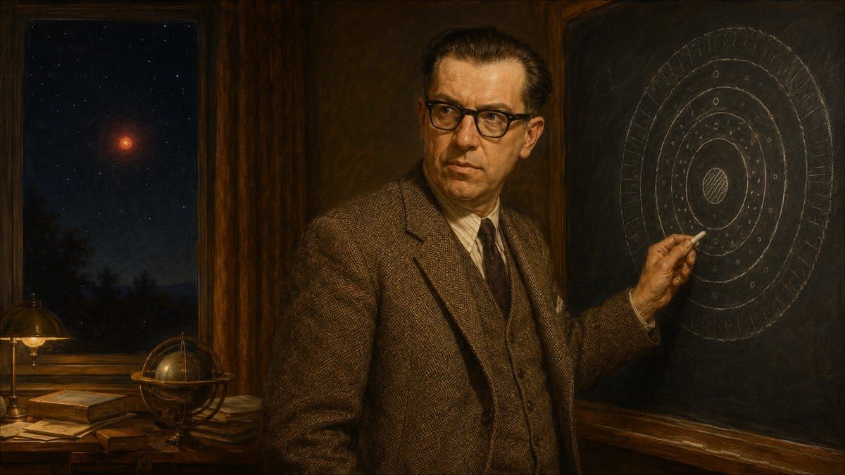 Painterly portrait of Fred Hoyle at a chalkboard sketching stellar nucleosynthesis shells