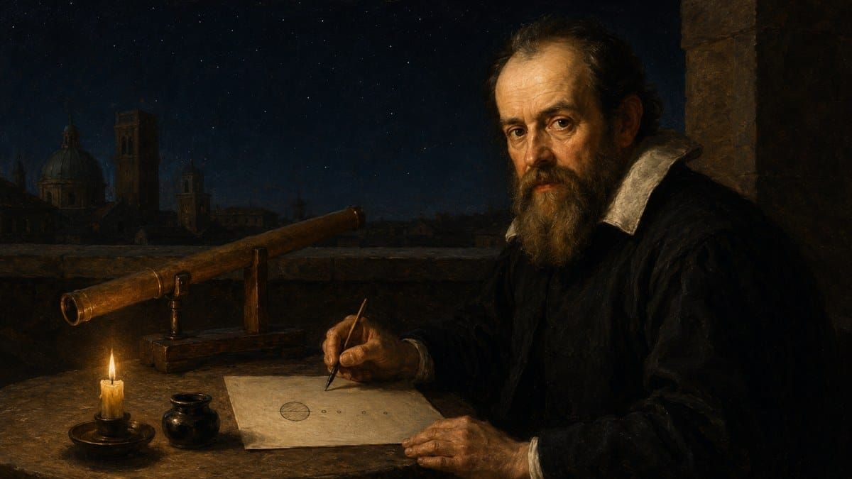 Painterly portrait of Galileo Galilei recording Jupiter's moons beside his small telescope on a Padua balcony