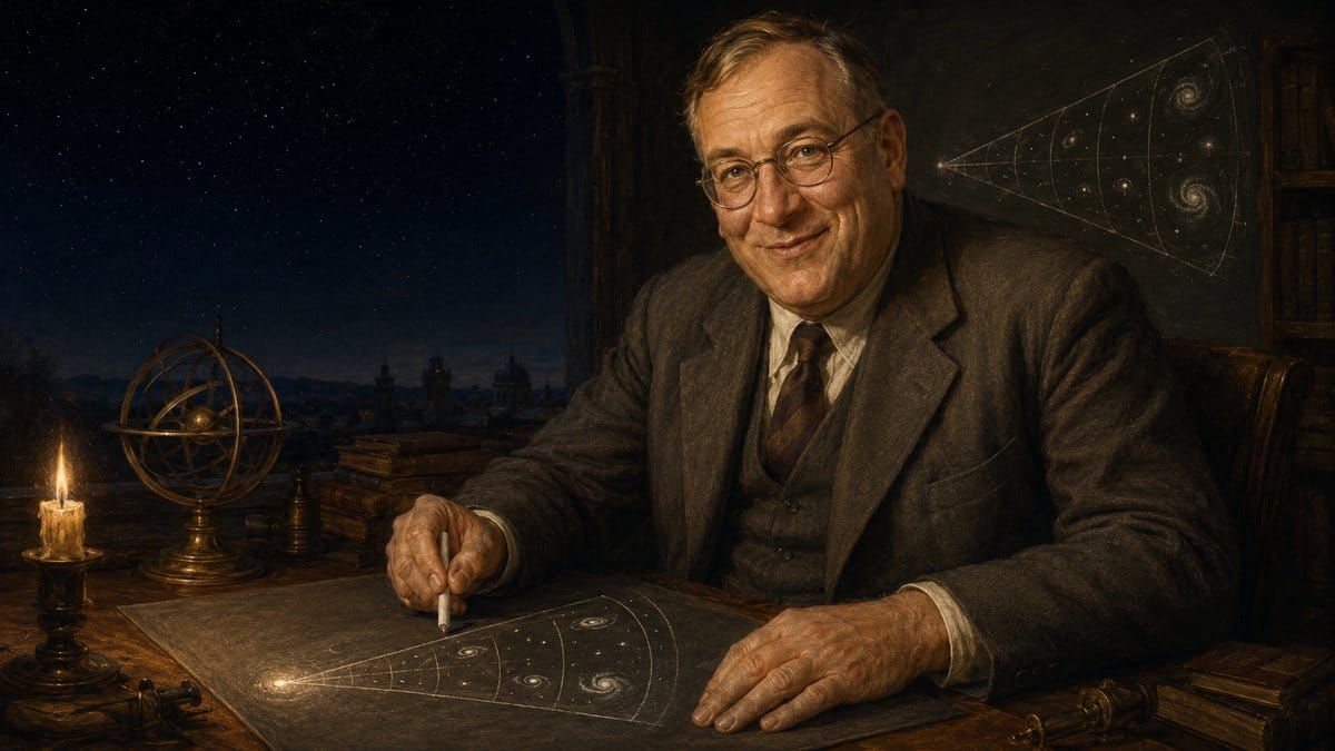 Painterly portrait of George Gamow with an expanding-universe chalk diagram