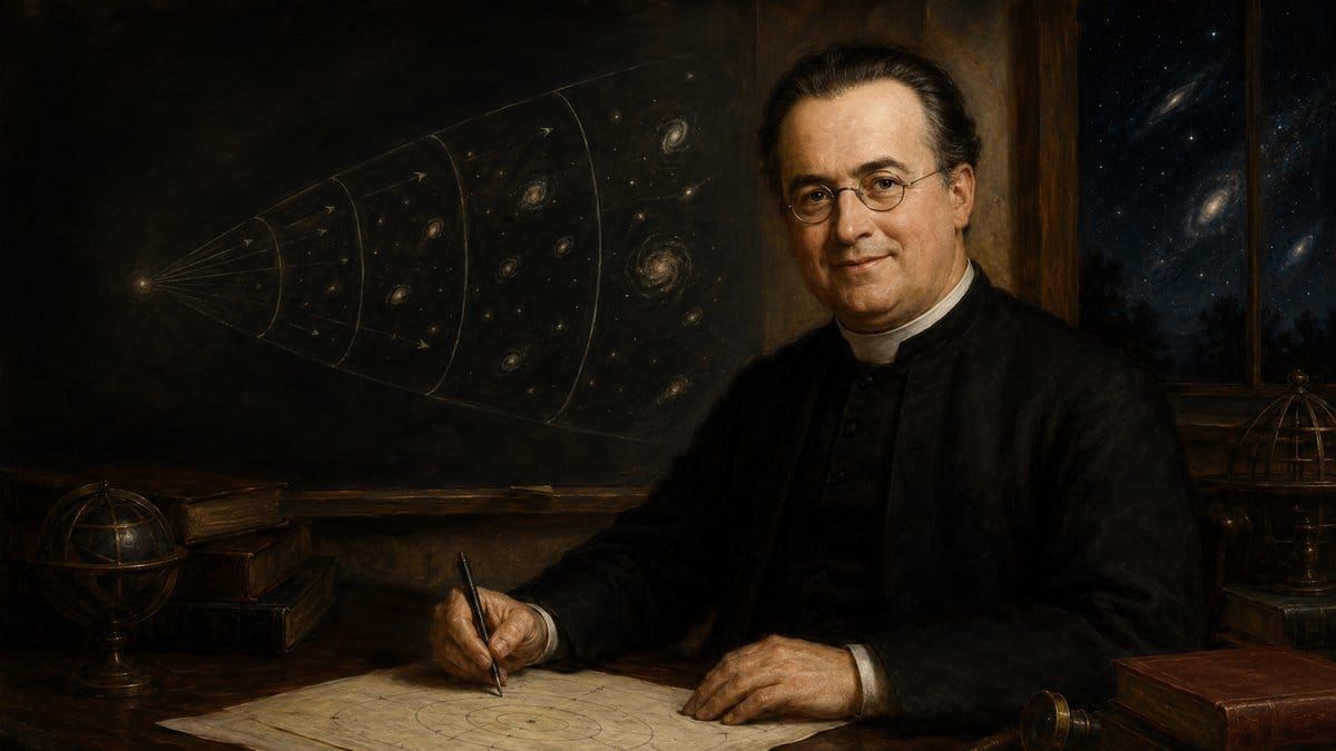 Painterly portrait of Georges Lemaitre with an expanding-universe chalkboard diagram