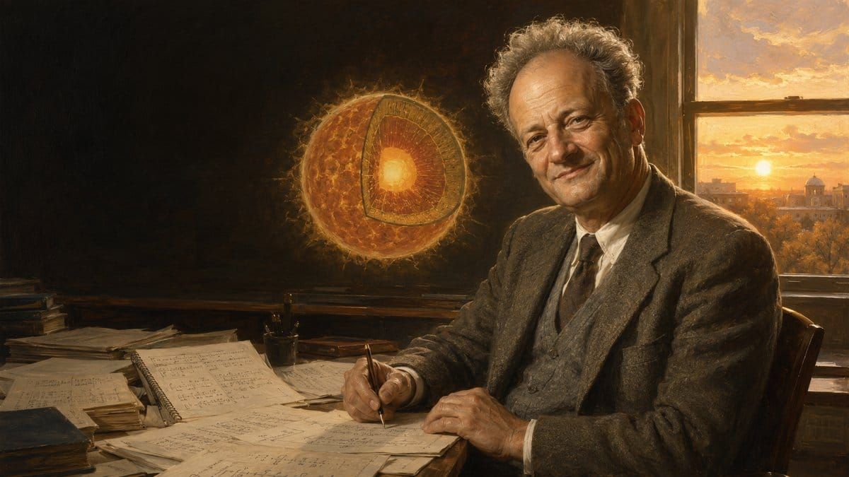 Painterly portrait of Hans Bethe with a cutaway diagram of the Sun's fusion core