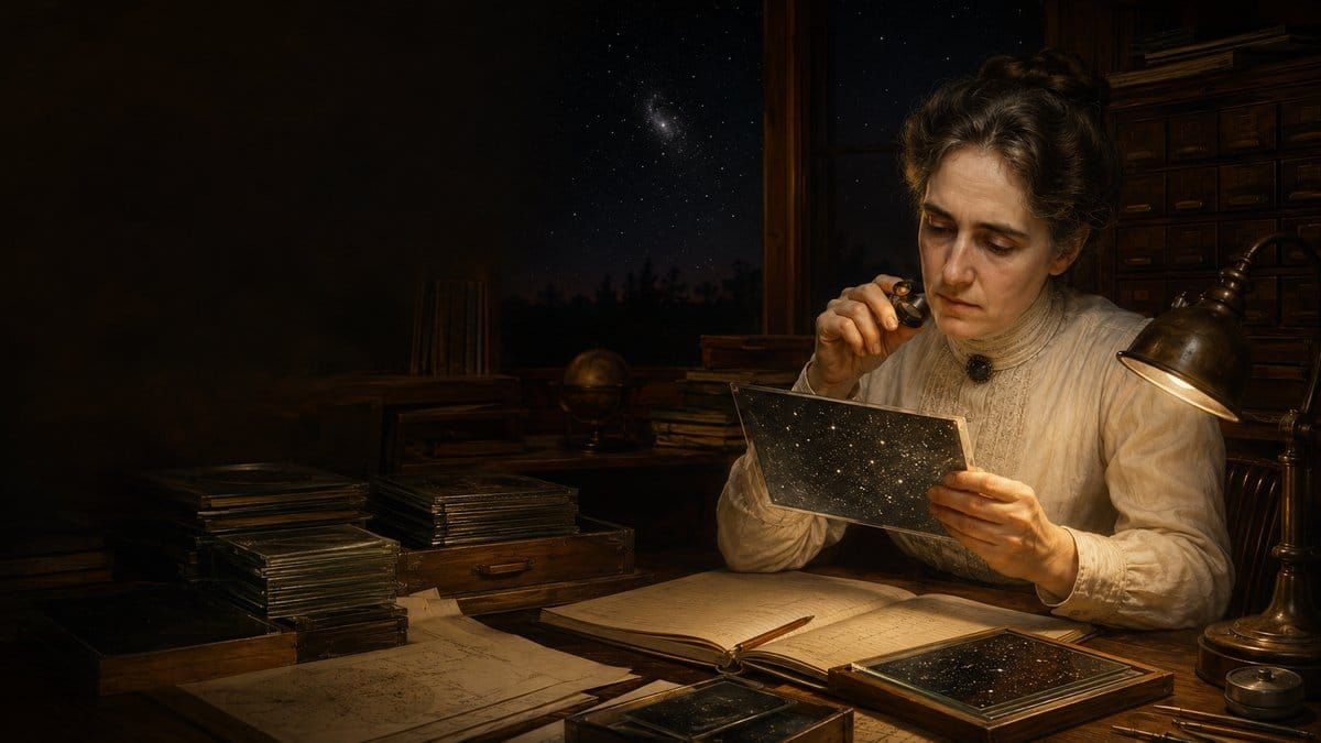 Painterly portrait of Henrietta Swan Leavitt examining photographic plates at Harvard