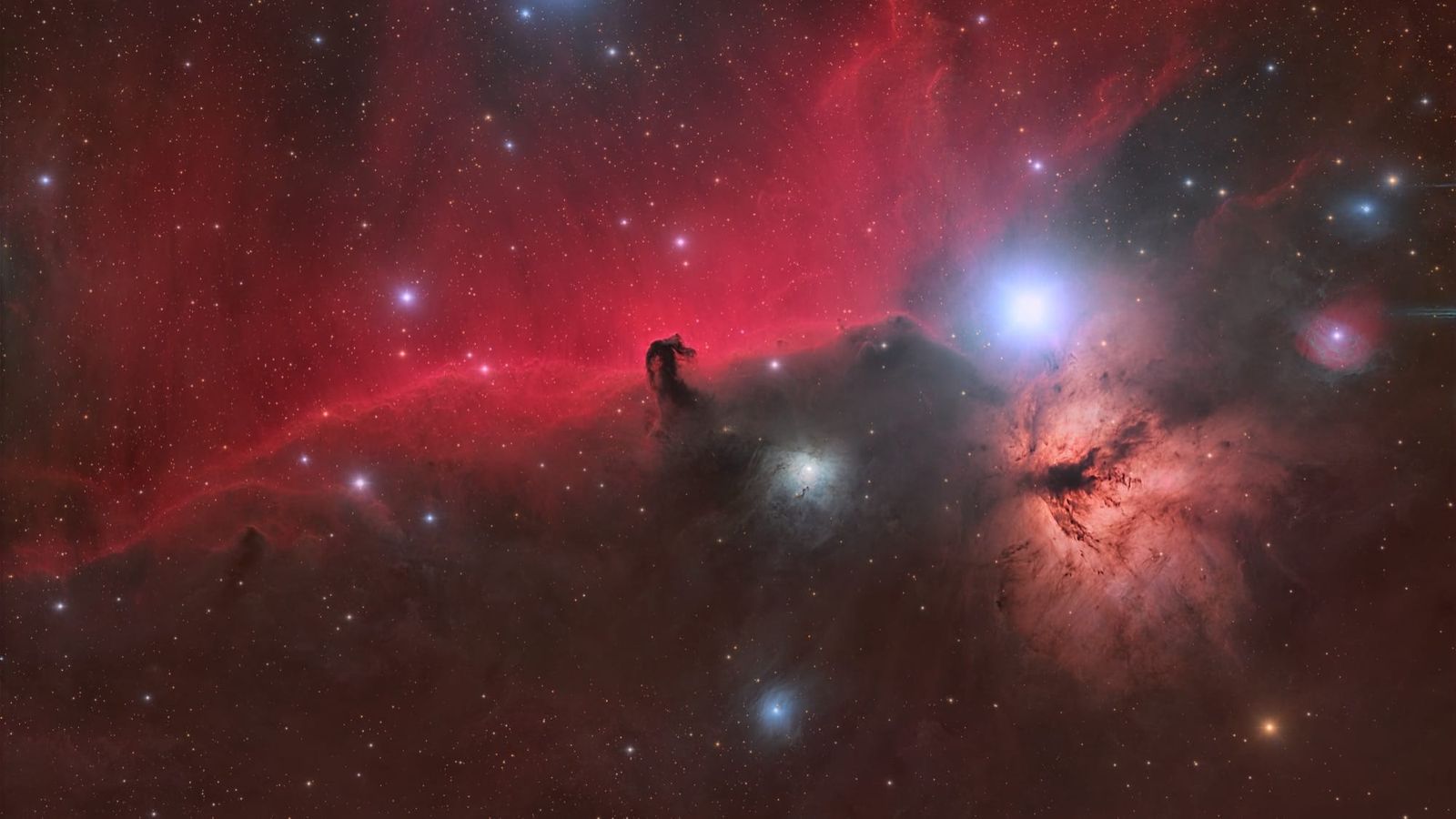 Wide-field astrophotograph of the Horsehead Nebula, the Flame Nebula and Alnitak in Orion, captured from Deepsky Chile