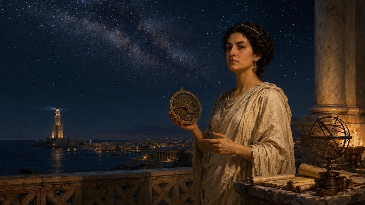 Painterly portrait of Hypatia of Alexandria with an astrolabe under the night sky