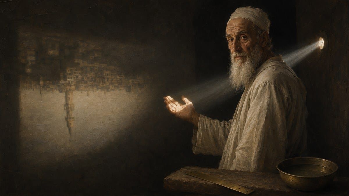 Painterly imagined portrait of Ibn al-Haytham demonstrating the camera obscura, an inverted street scene projected on the dark chamber wall