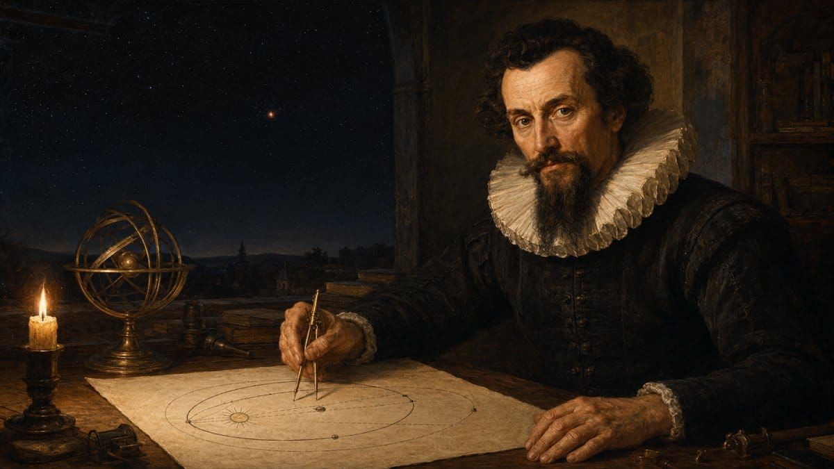 Painterly portrait of Johannes Kepler drafting an elliptical planetary orbit by candlelight
