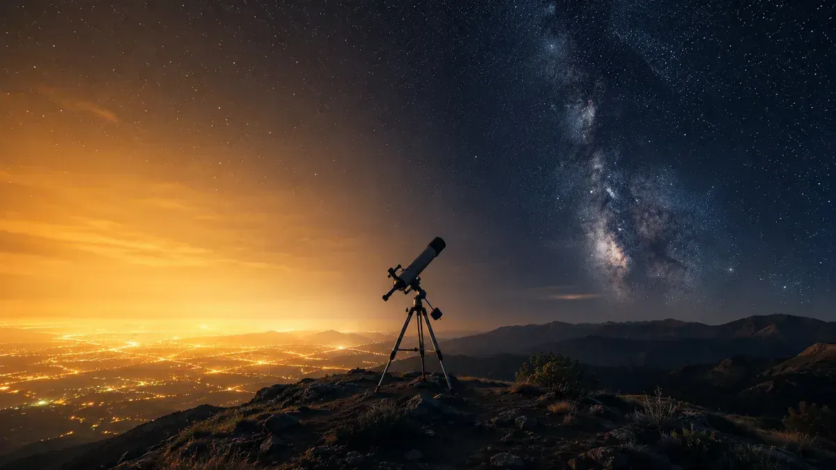 Astrophotography under light pollution: a starry night sky glowing above a city skyline