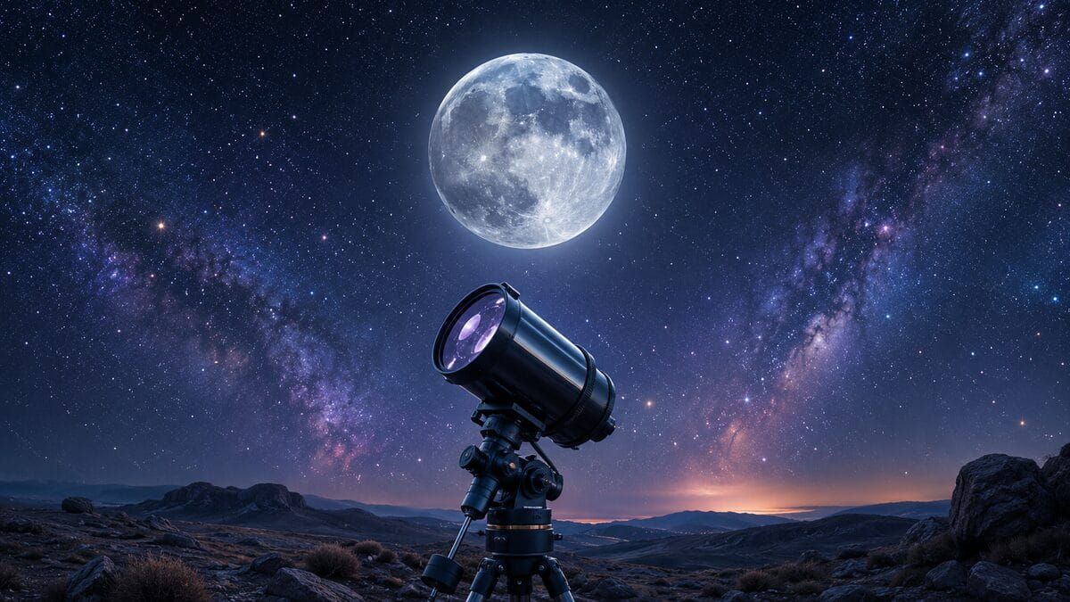 A Maksutov-Cassegrain telescope aimed at a detailed full Moon