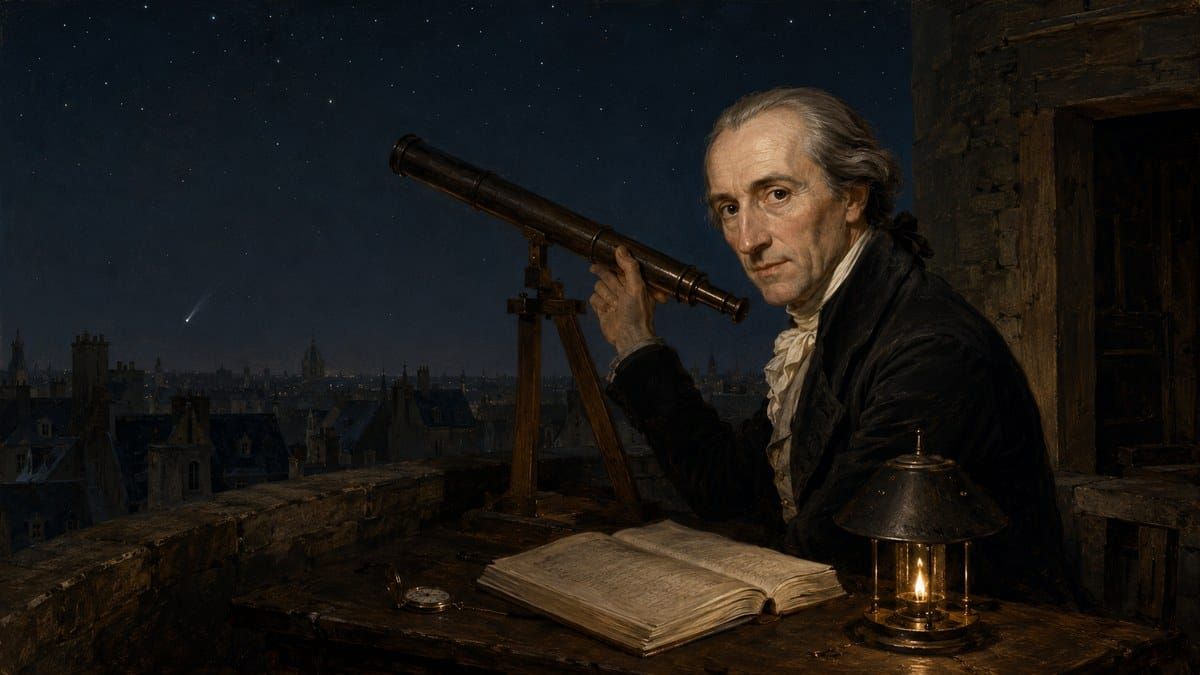 Painterly portrait of Charles Messier at his refractor on the Hotel de Cluny tower with a comet over the rooftops of Paris