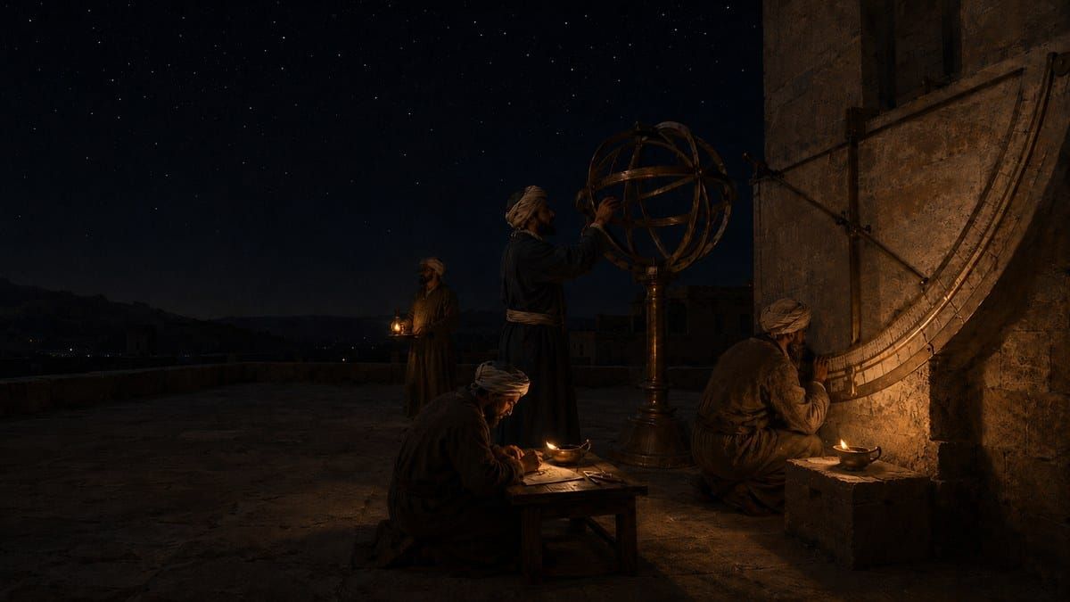 Painterly night scene of scholars at work in a medieval Islamic observatory with a mural quadrant and an armillary sphere