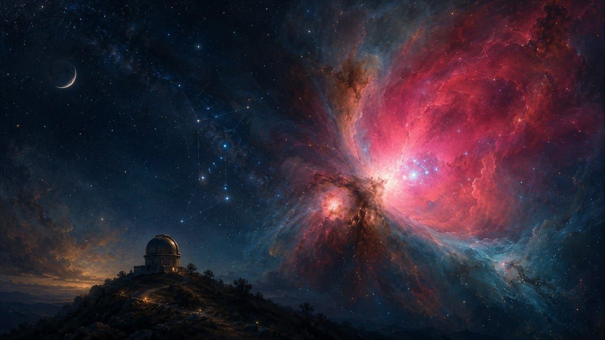Painterly banner of the Orion Nebula (M42) glowing over a hilltop observatory beneath a starry sky