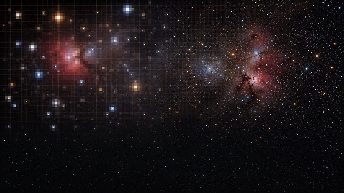 Pixel scale in astrophotography — the same deep-sky field sampled coarsely into blocky square pixels on the left and finely resolved into sharp pinpoint stars on the right