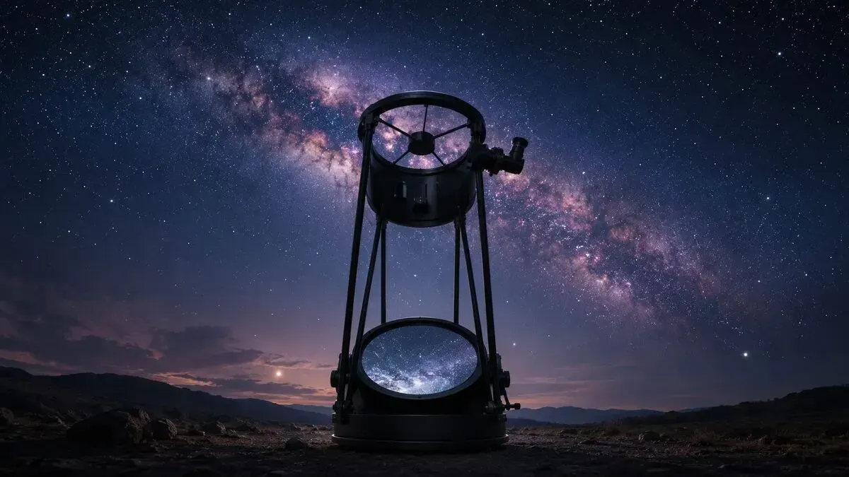 An open-tube Newtonian reflector telescope under the Milky Way, its primary mirror catching starlight