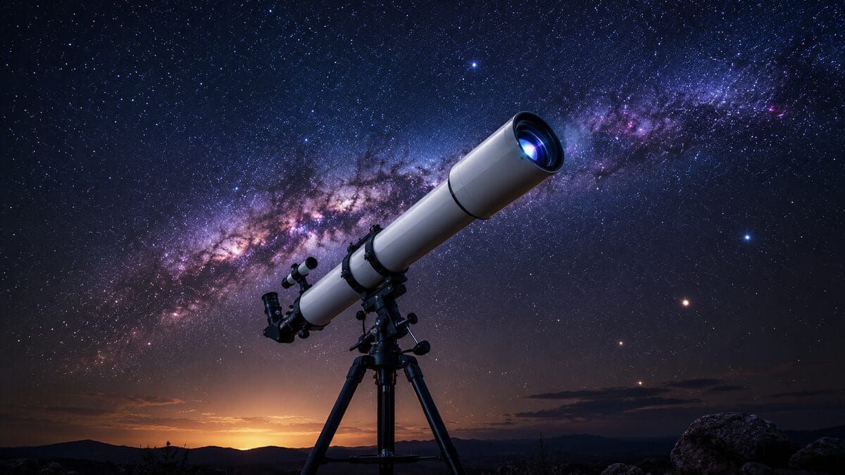 A refractor telescope on a tripod under a starry Milky Way sky