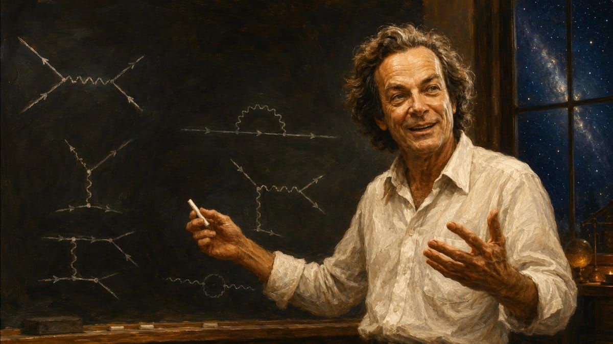 Painterly portrait of Richard Feynman at a chalkboard of particle-path diagrams