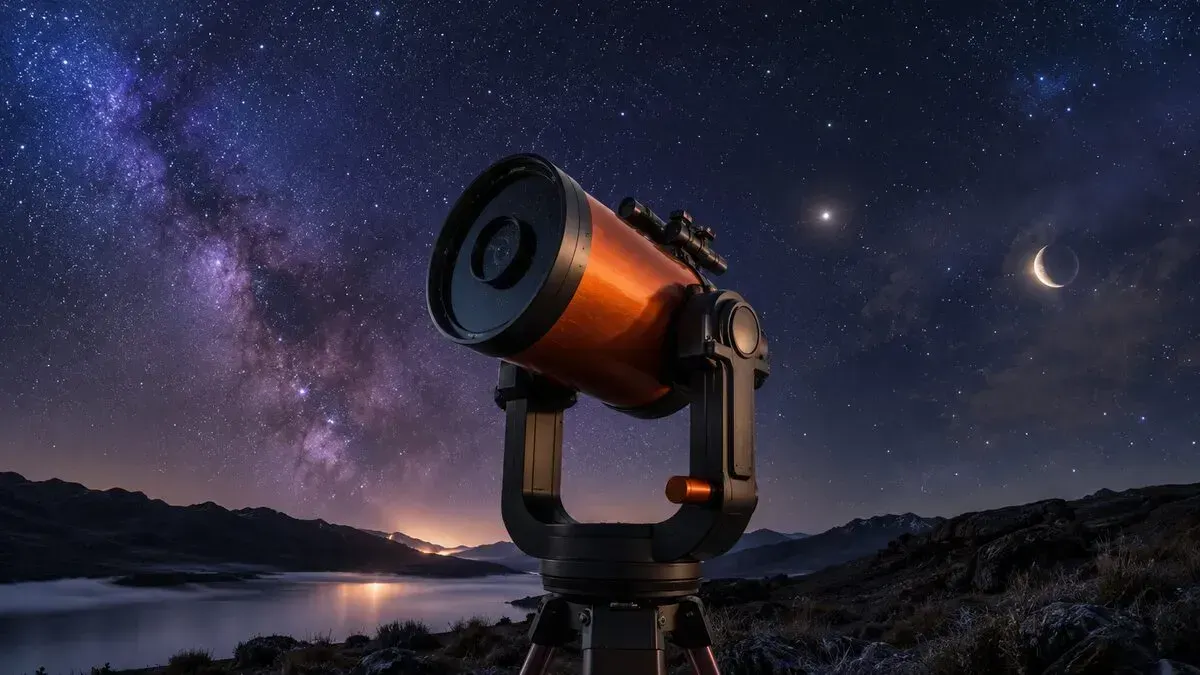 A Schmidt-Cassegrain telescope on a fork mount beneath a crescent moon and bright planet