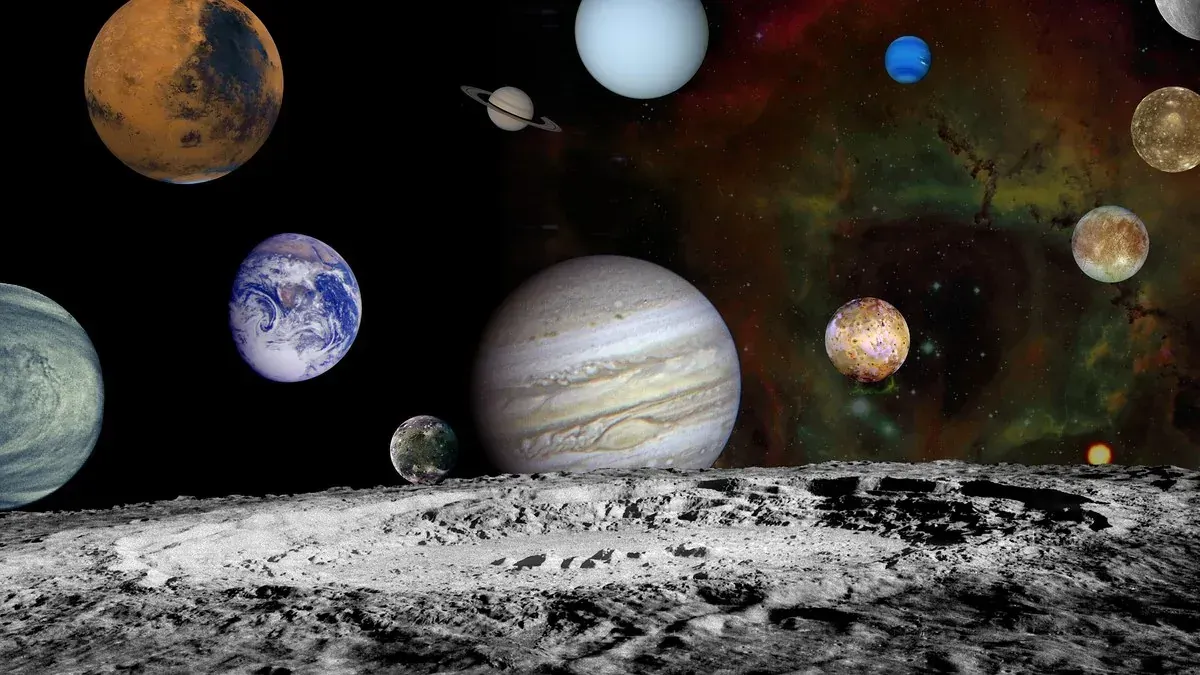 NASA Voyager montage of the solar system's planets over a lunar surface