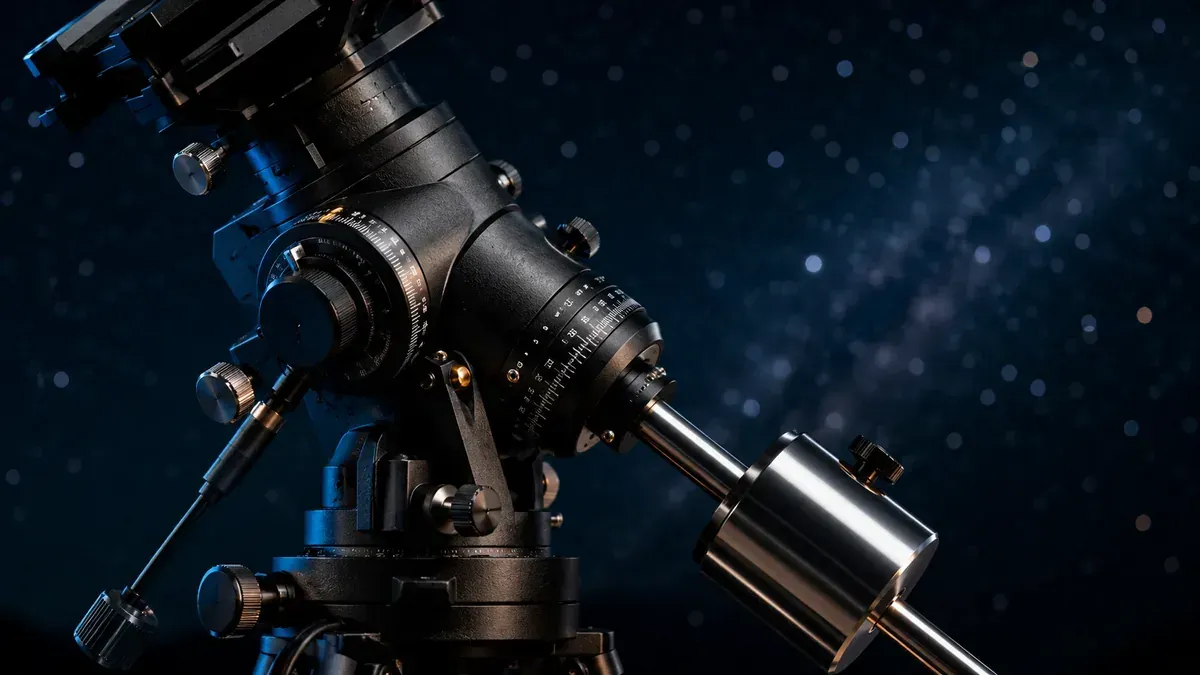 Telescope on a German equatorial mount beneath the Milky Way, showing the counterweight bar and tilted polar axis