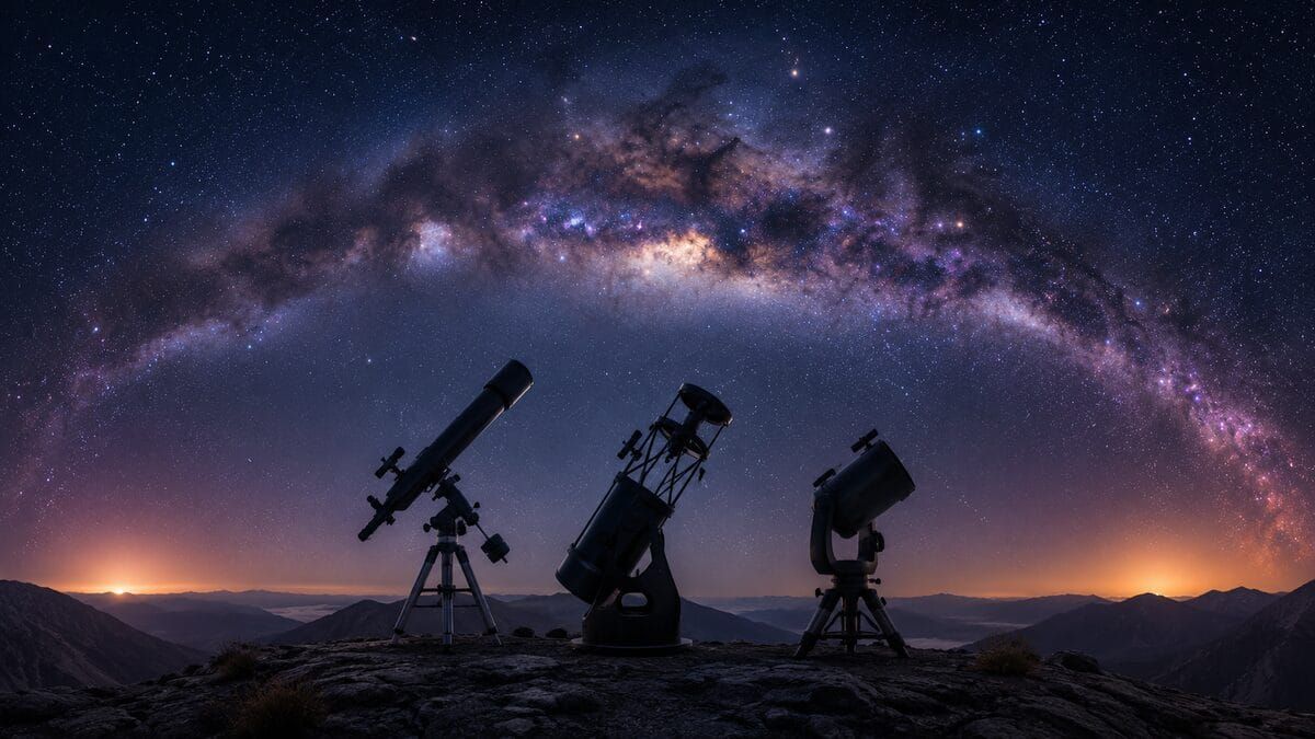 Refractor, reflector and catadioptric telescopes silhouetted under the Milky Way arch