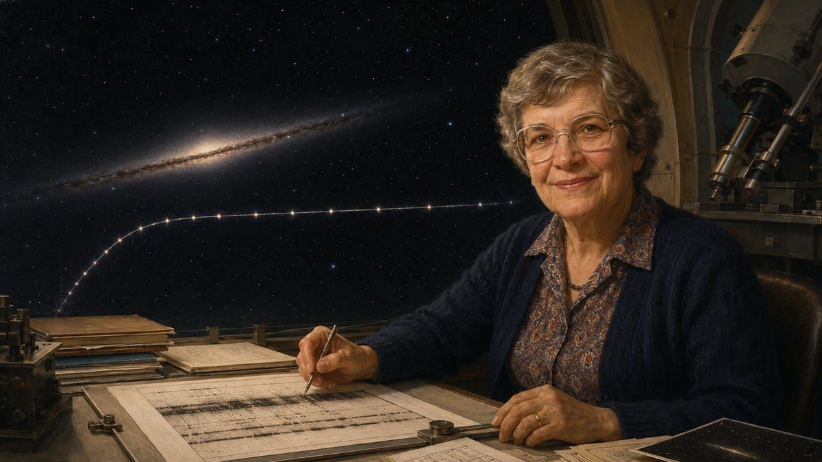 Painterly portrait of Vera Rubin at a telescope with a galaxy rotation-curve backdrop